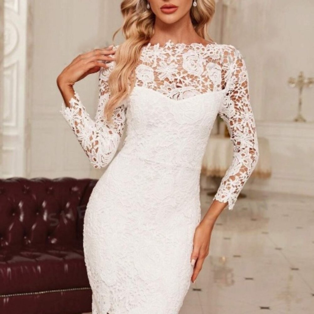 Elegant White Guipure Lace Overlay Bodycon Dress